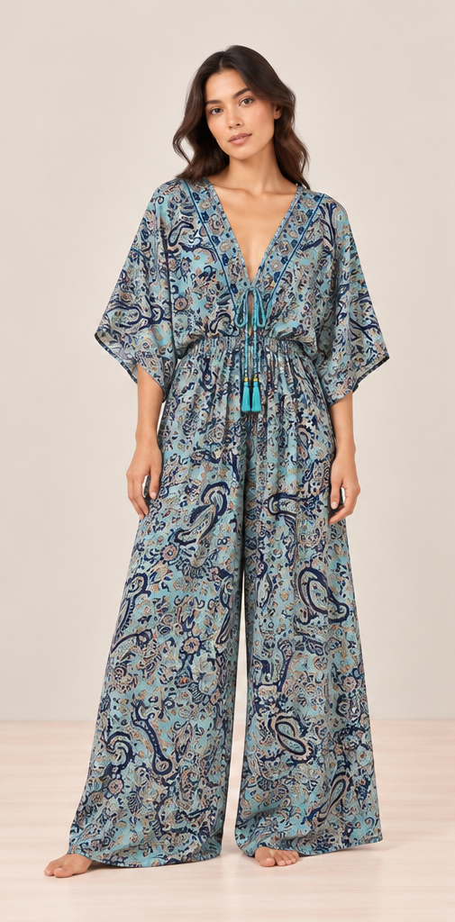 Blue Paisley Wide-Leg Jumpsuit