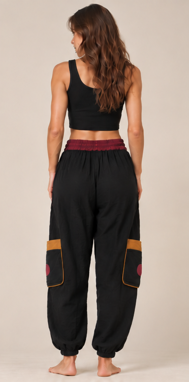 Black &amp; Burgundy Patchwork Cargo Pants – Bohemian Style