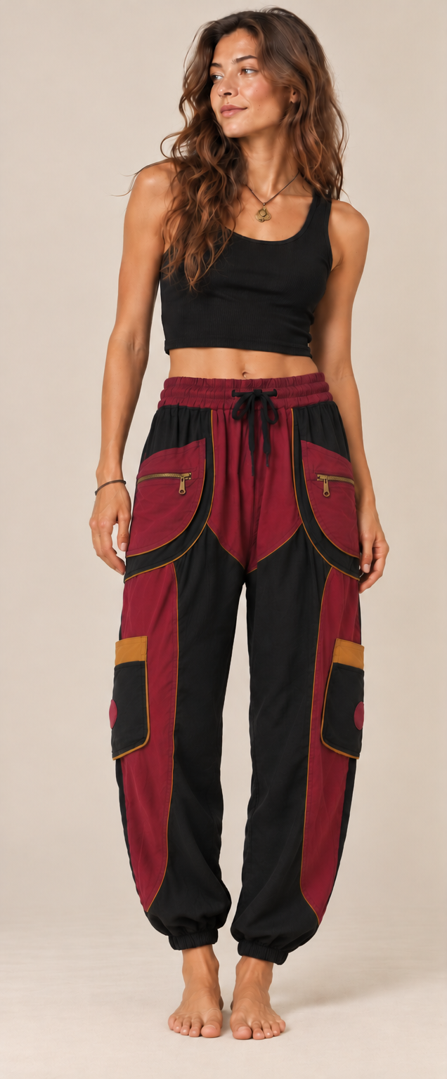 Black &amp; Burgundy Patchwork Cargo Pants – Bohemian Style