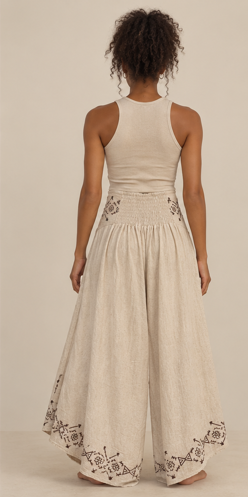Beige Bohemian Wide-Leg Pants