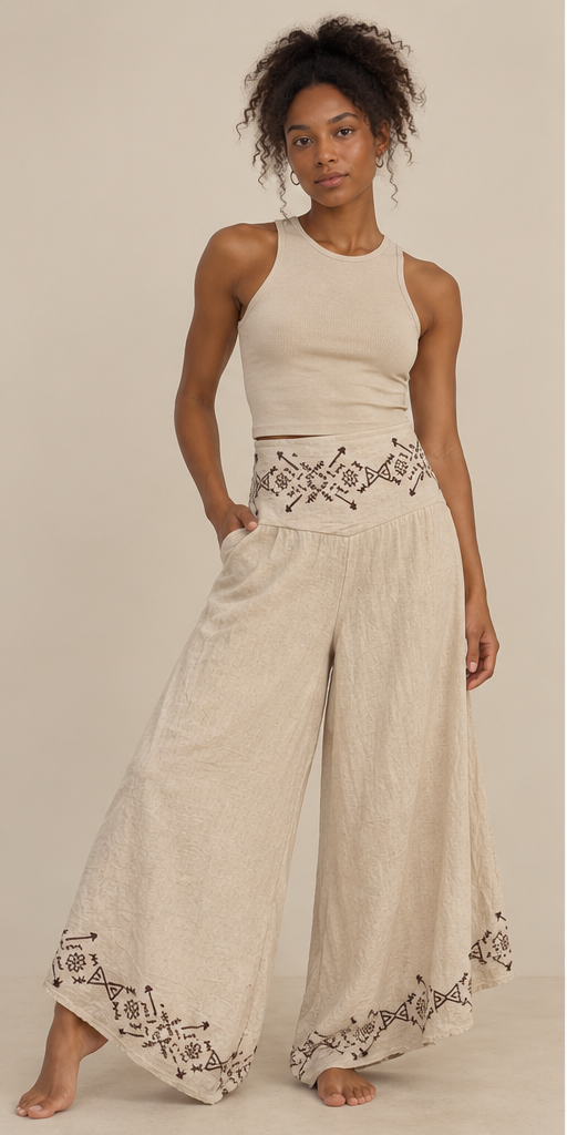 Beige Bohemian Wide-Leg Pants