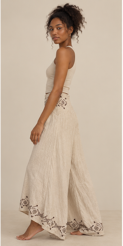 Beige Bohemian Wide-Leg Pants