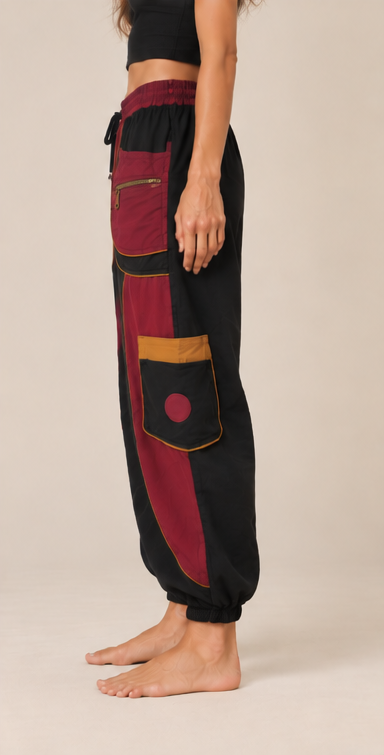 Black &amp; Burgundy Patchwork Cargo Pants – Bohemian Style