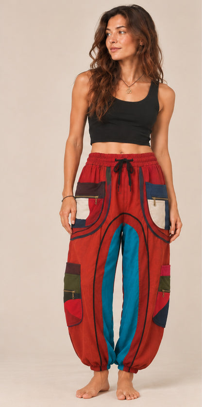 Terracotta &amp; Turquoise Patchwork Cargo Pants – Bohemian Style