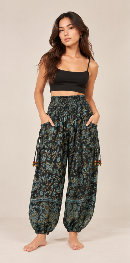 Black & Teal Paisley Harem Pants