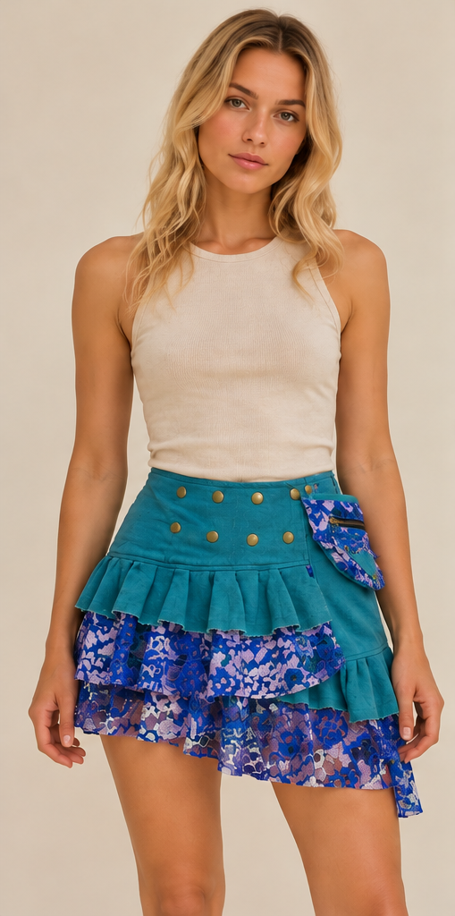Turquoise Bohemian Ruffle Mini Skirt