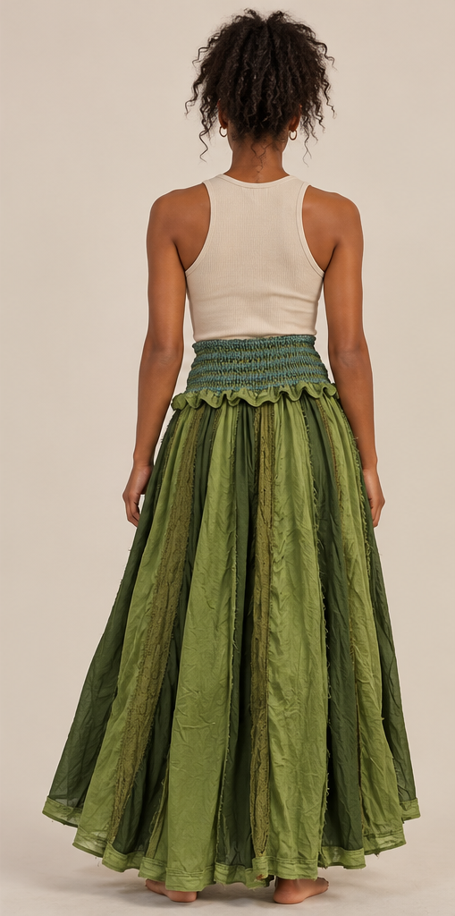 Olive Green Bohemian Long Skirt – Layered Patchwork Style