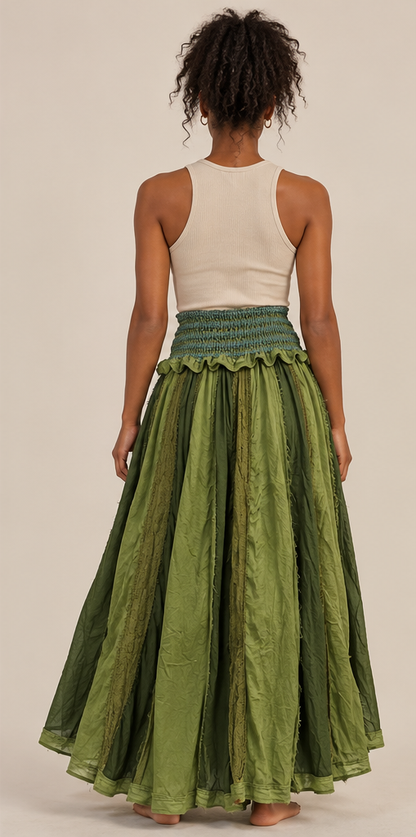 Olive Green Bohemian Long Skirt – Layered Patchwork Style