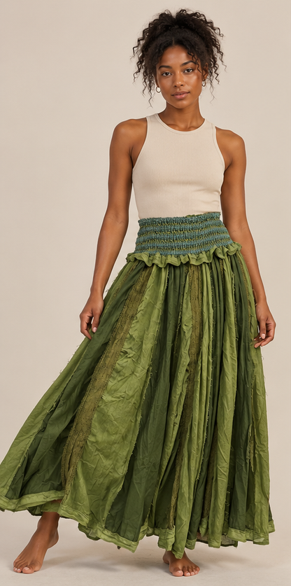 Olive Green Bohemian Long Skirt – Layered Patchwork Style