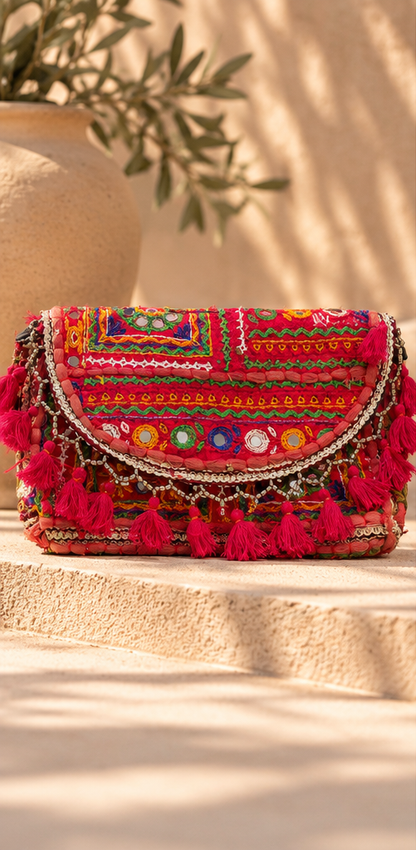 Red Embroidered Clutch Bag – Bohemian Style
