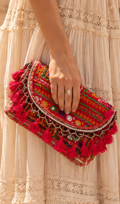 Red Embroidered Clutch Bag – Bohemian Style