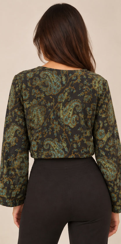 Paisley Tie-Front Top – Black & Olive