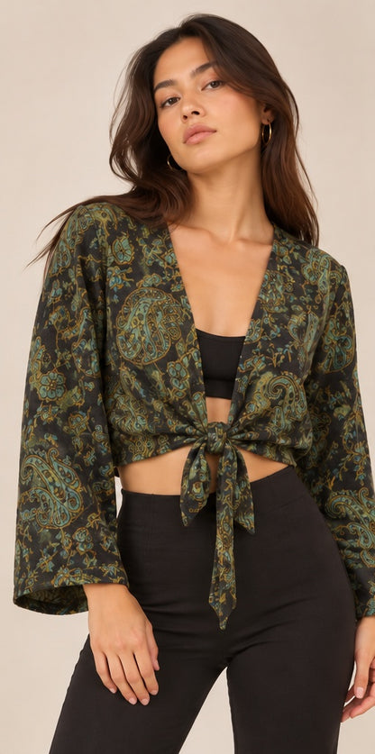 Paisley Tie-Front Top – Black & Olive