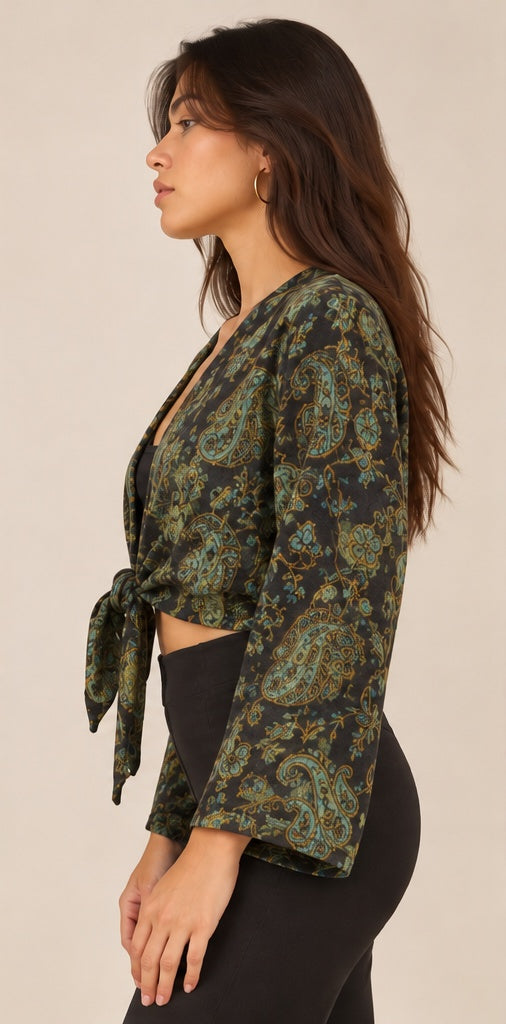 Paisley Tie-Front Top – Black & Olive